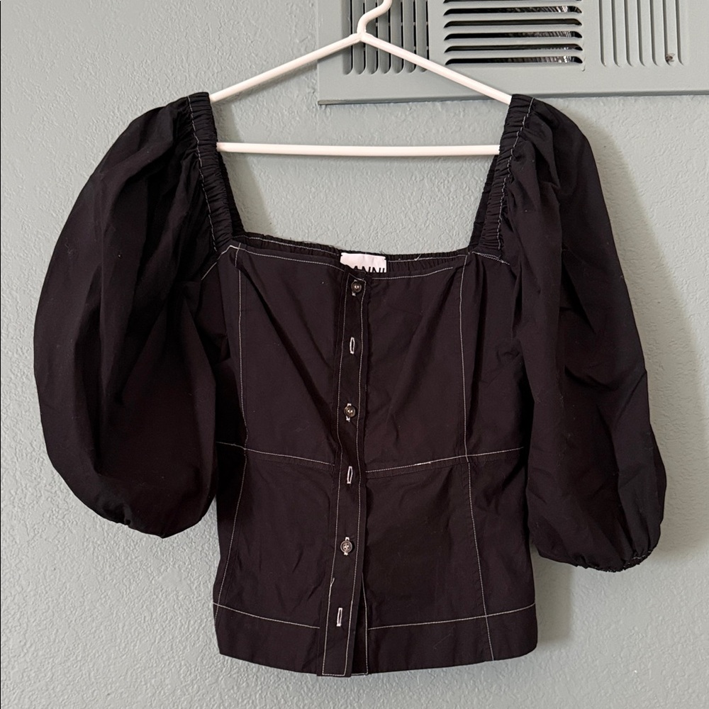 Ganni Black Puff Sleeve Blouse